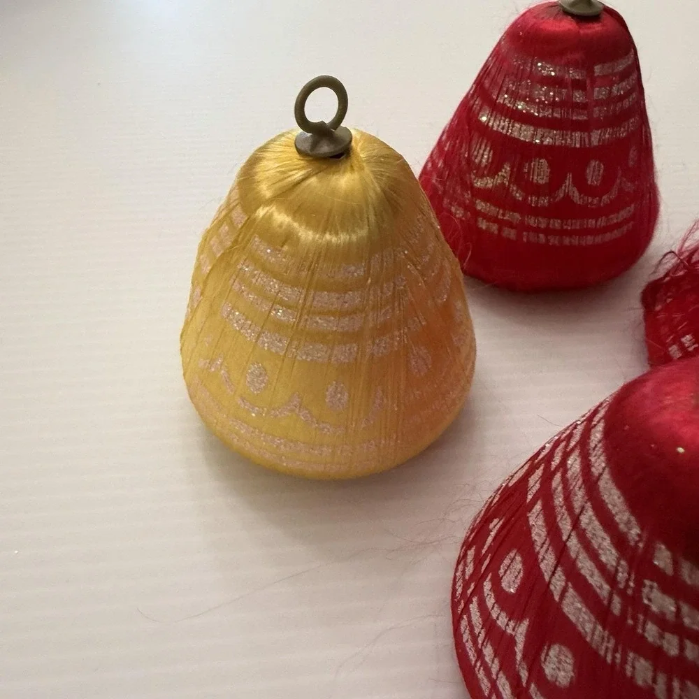 Vintage Satin Thread Christmas Bell Ornaments Set If 4 Retro Kitsch